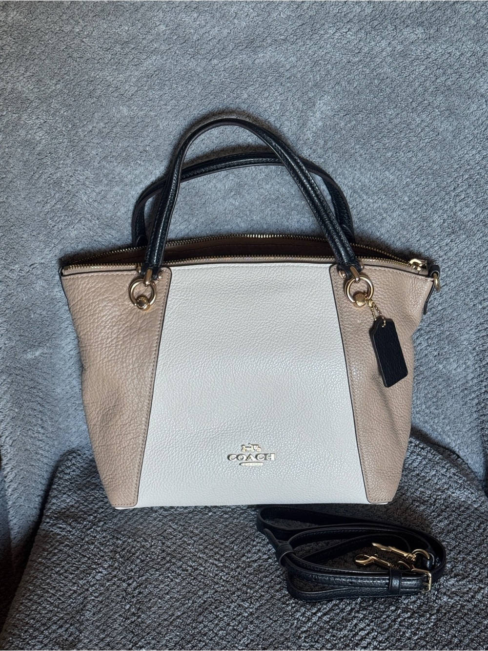 Coach Colorblock Pebbled Leather Satchel in Cream, Taupe & Black